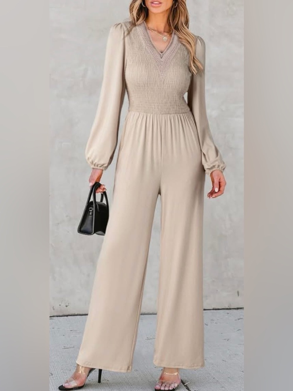 Dokotoo Beige Long Sleeve V-Neck Lace Smocked Wide-Leg Jumpsuit 2XL